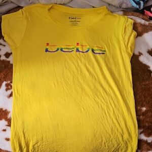 Bebe Vibrant Yellow Tee with Rainbow Logo Size M